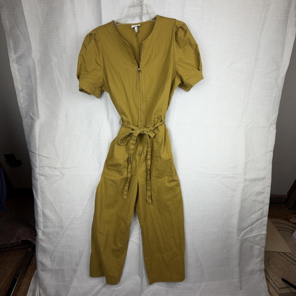 The Get Jumpsuit Womens Large Yellow Cotton Blend Belted Zip Front Short Sleeve